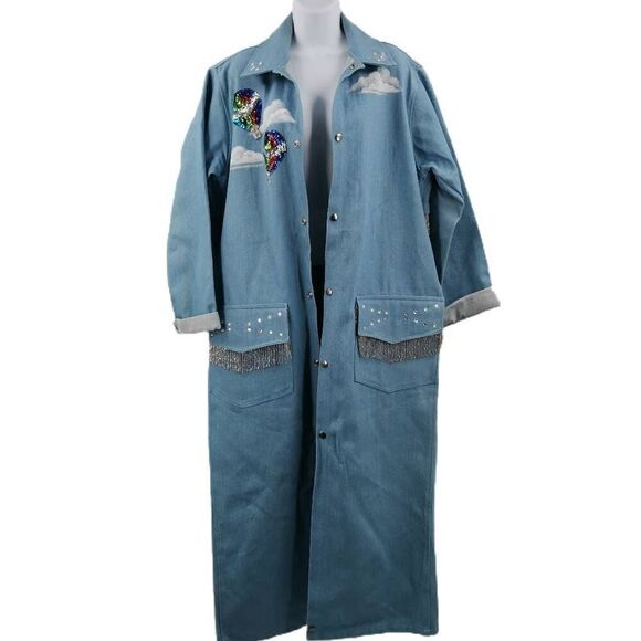 Vintage Long Denim Trench Coat with Hot Air Balloons & Beaded Fringe | Size M (F - Picture 1 of 5